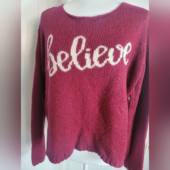 Wooden Ships Believe Christmas Sweater Holiday Acrylic Mohair Wool Burgundy XS - Picture 5 of 9